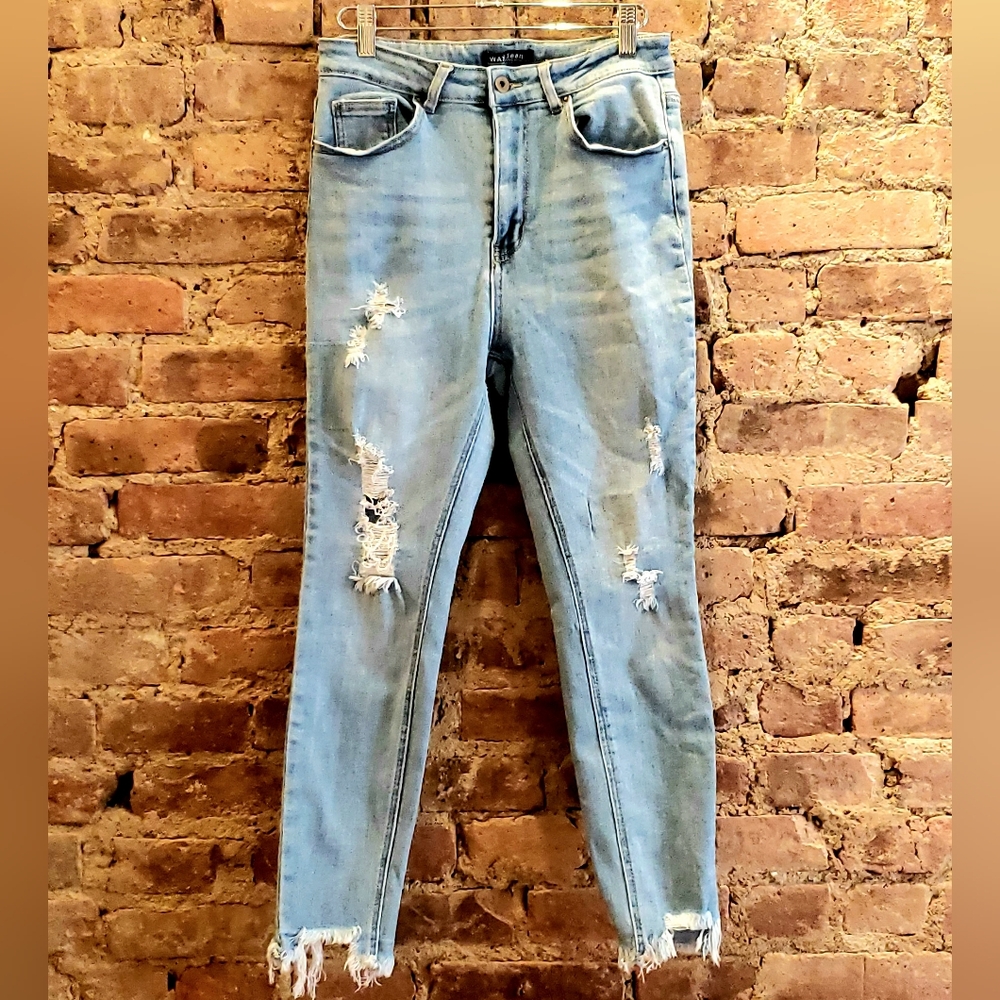 Wax Jean High Rise Distressed Ankle Skinny Jeans Ripped Light Denim Size 7